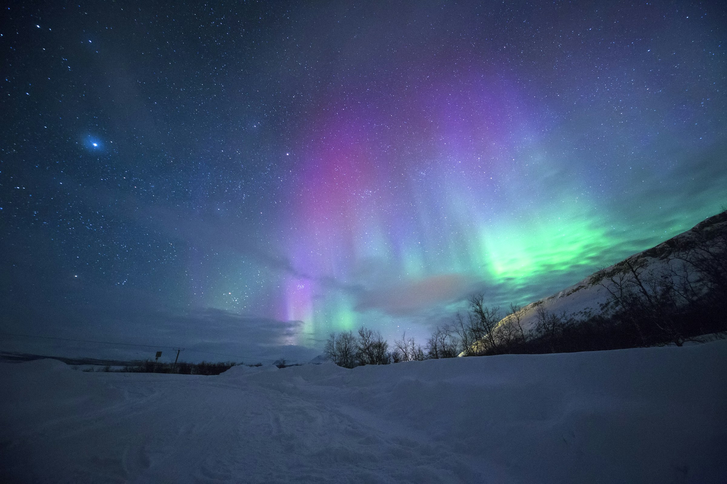 Green and purple northern lights over a snowy landscape